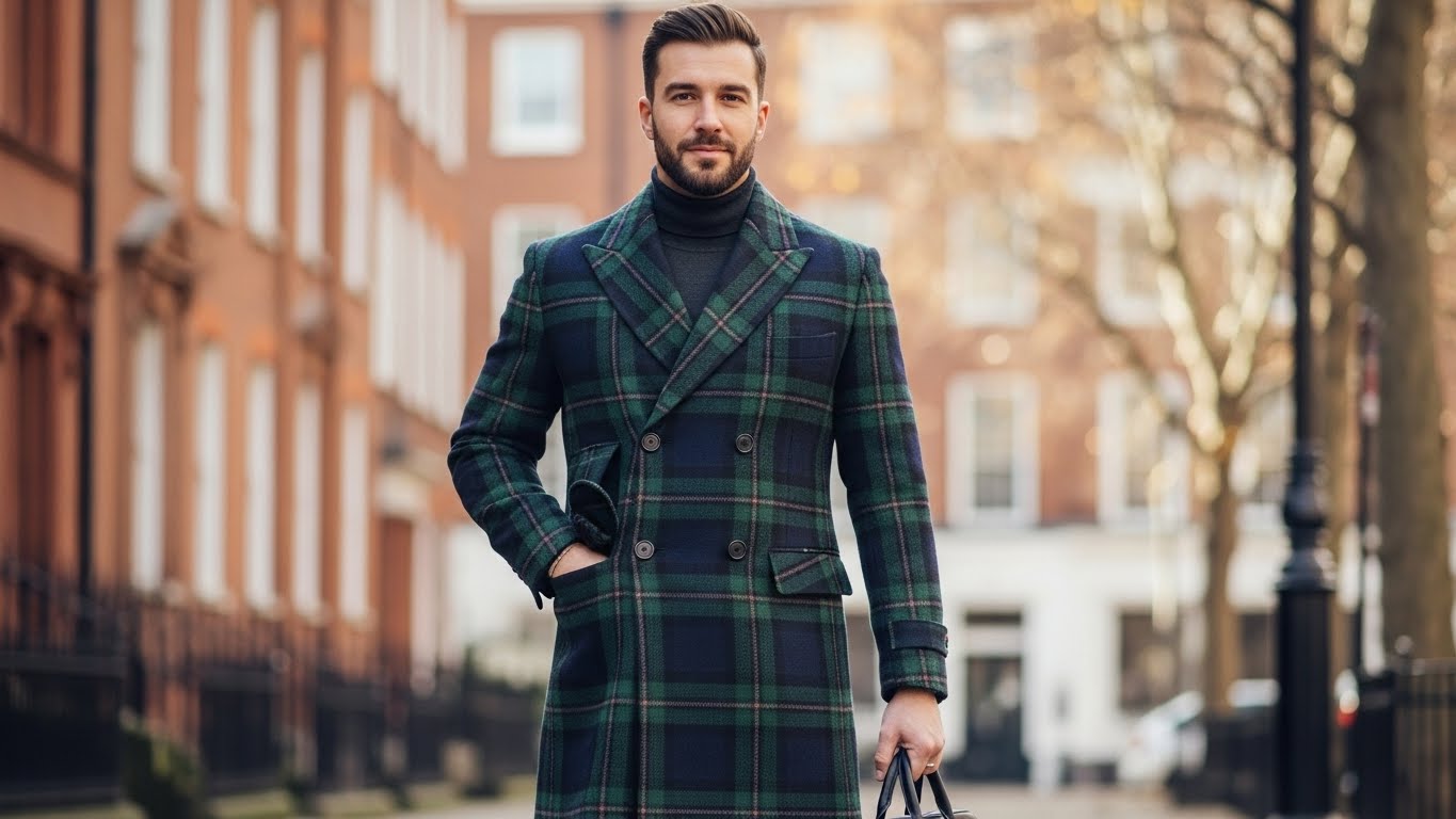 Black watch tartan coat premium wool fabric