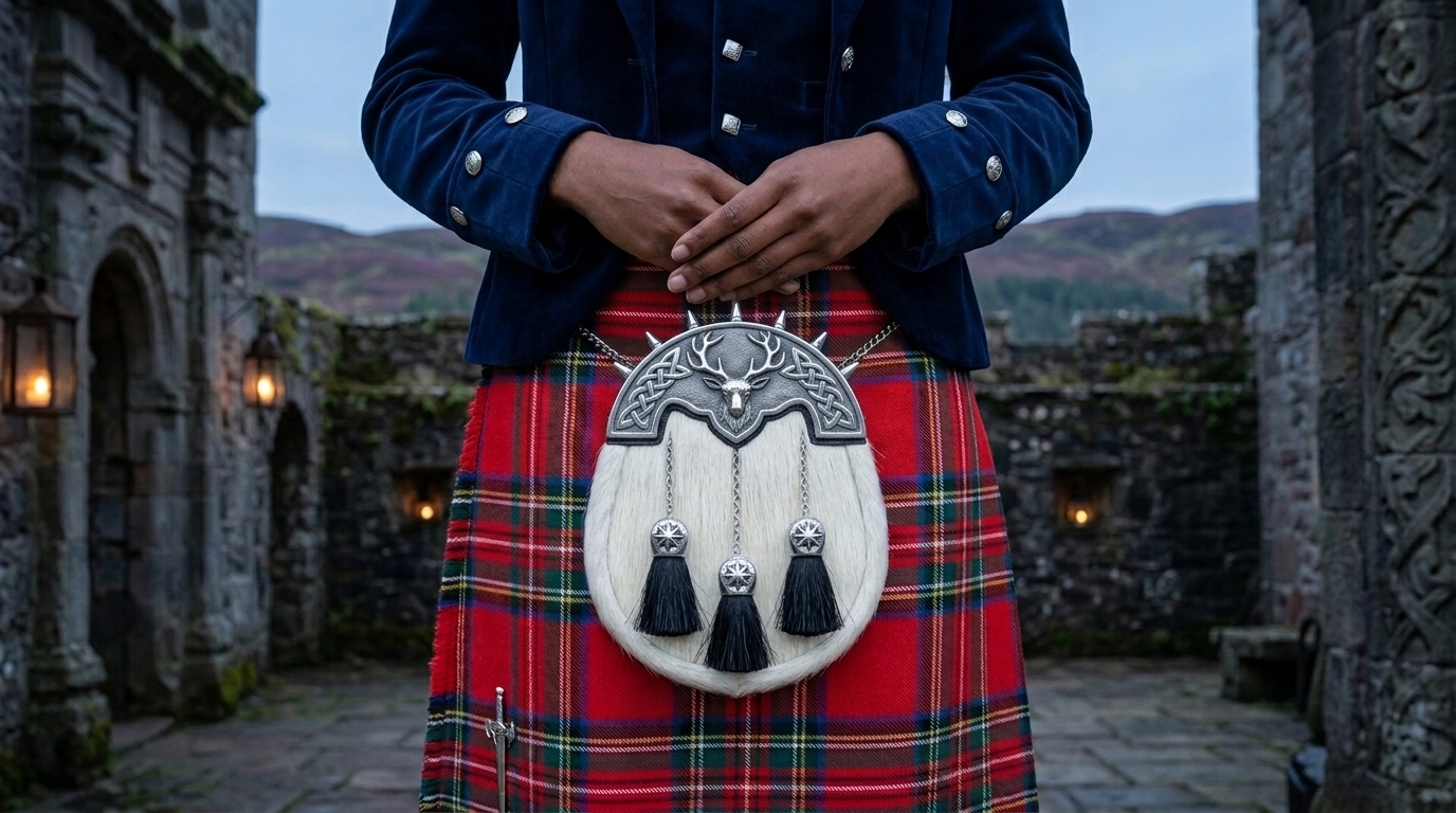 Full dress kilt sporran with fur front and metal cantle