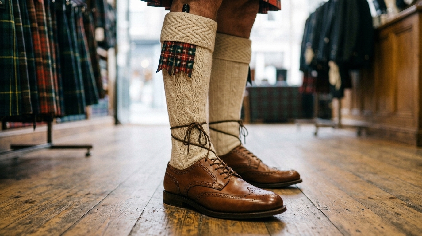 Traditional Scottish kilt hose with Ghillie brogues