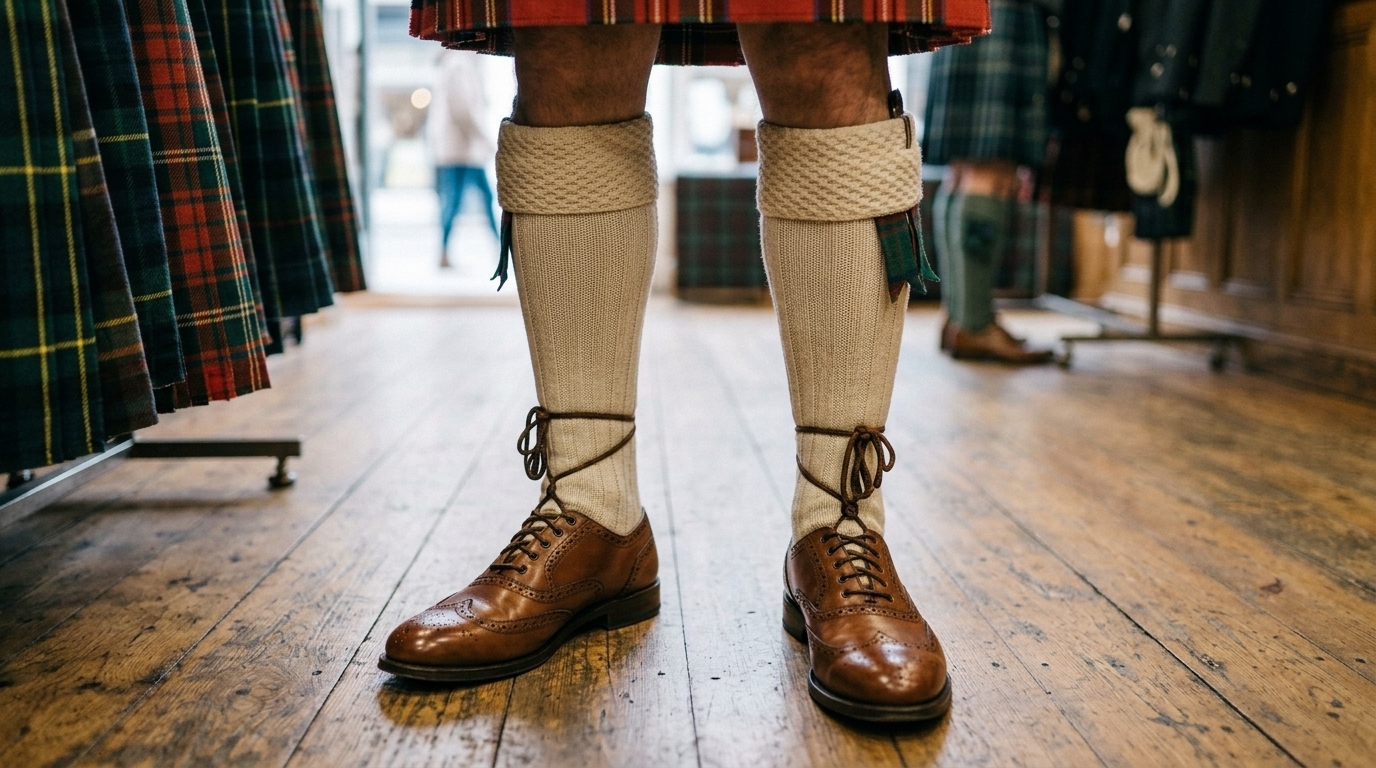 Cream Scottish kilt socks with tartan flashes